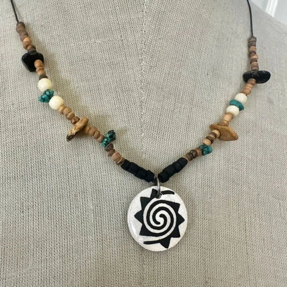 Handmade Ceramic Spiral Sun Pendant Boho Necklace